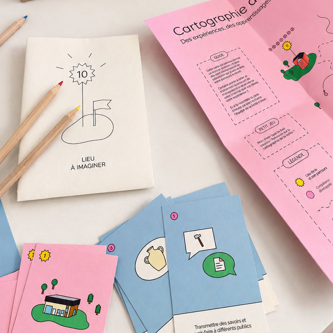 Curriculum vitæ — la boîte en carton avec carte dépliable, cartes rose/bleue et crayons.